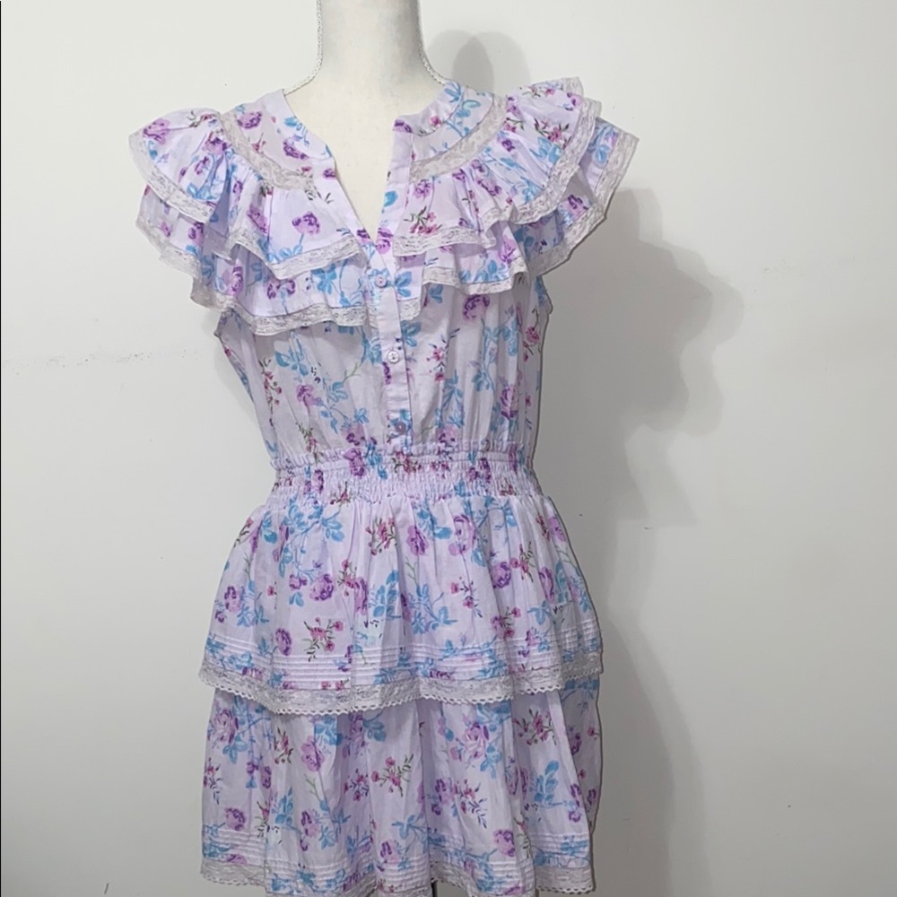 LoveShackFancy Floral Ruffle Mini Dress in Purple and Blue